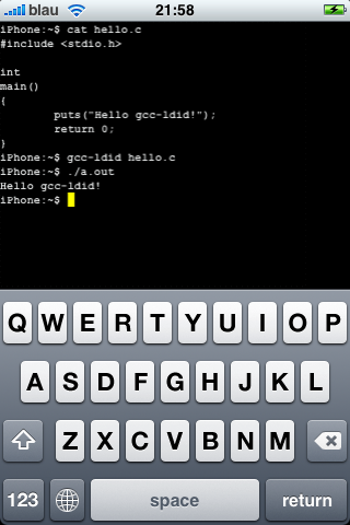 Screenshot von gcc-ldid im Terminal auf dem iPhone